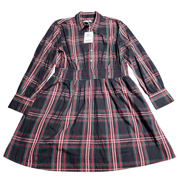 Free Assembly Dresses & Skirts - Free Assembly Plaid Smocked Waist Shirt Dress Women's Size L Black Green Red